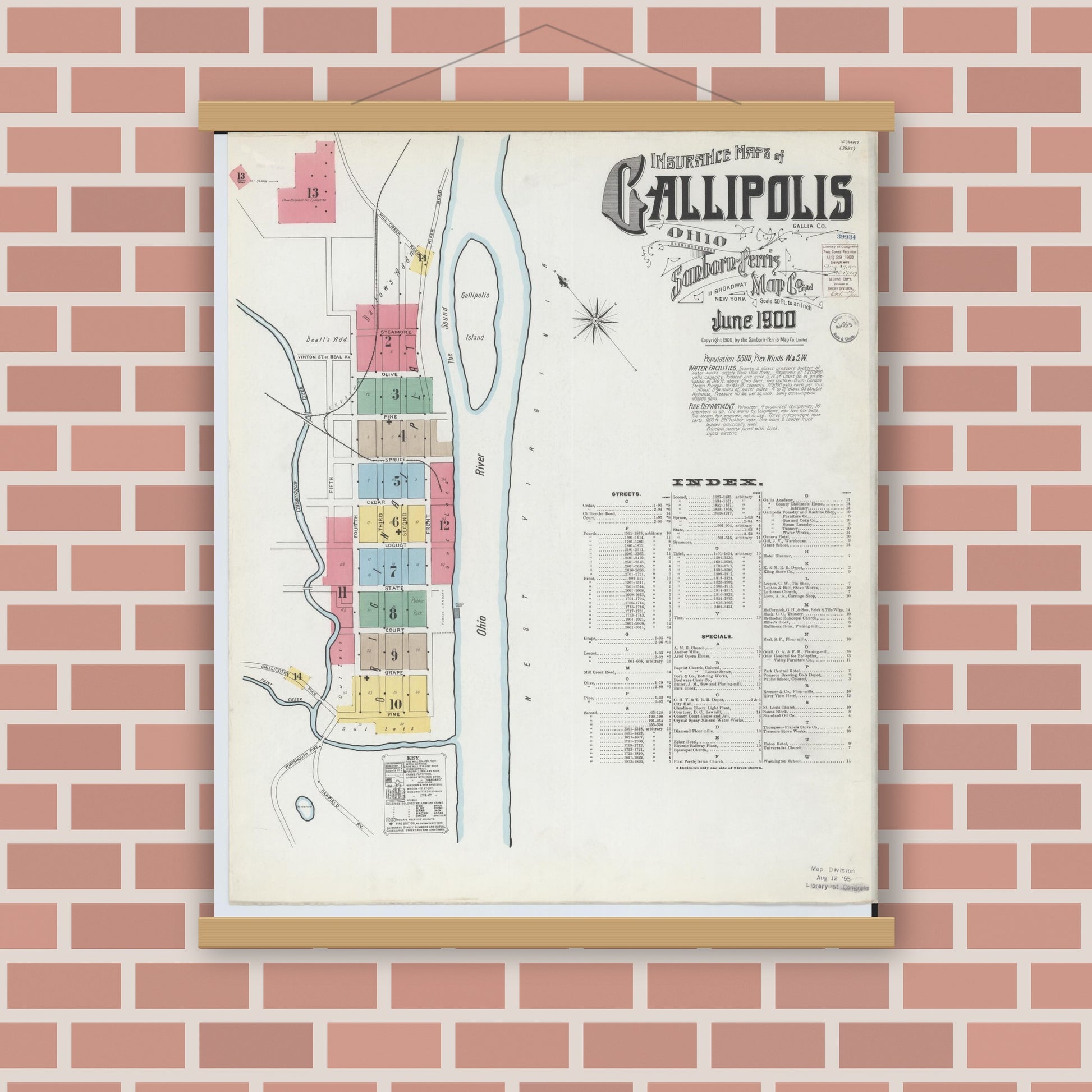 Old map wall art mockup — magnetic wood frame on brick wall — Sanborn Fire Insurance Map from Gallipolis, Gallia County, Ohio (1900) - Complete Map Set