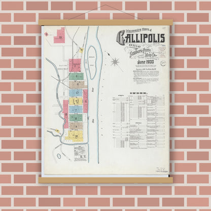 Old map wall art mockup — magnetic wood frame on brick wall — Sanborn Fire Insurance Map from Gallipolis, Gallia County, Ohio (1900) - Complete Map Set