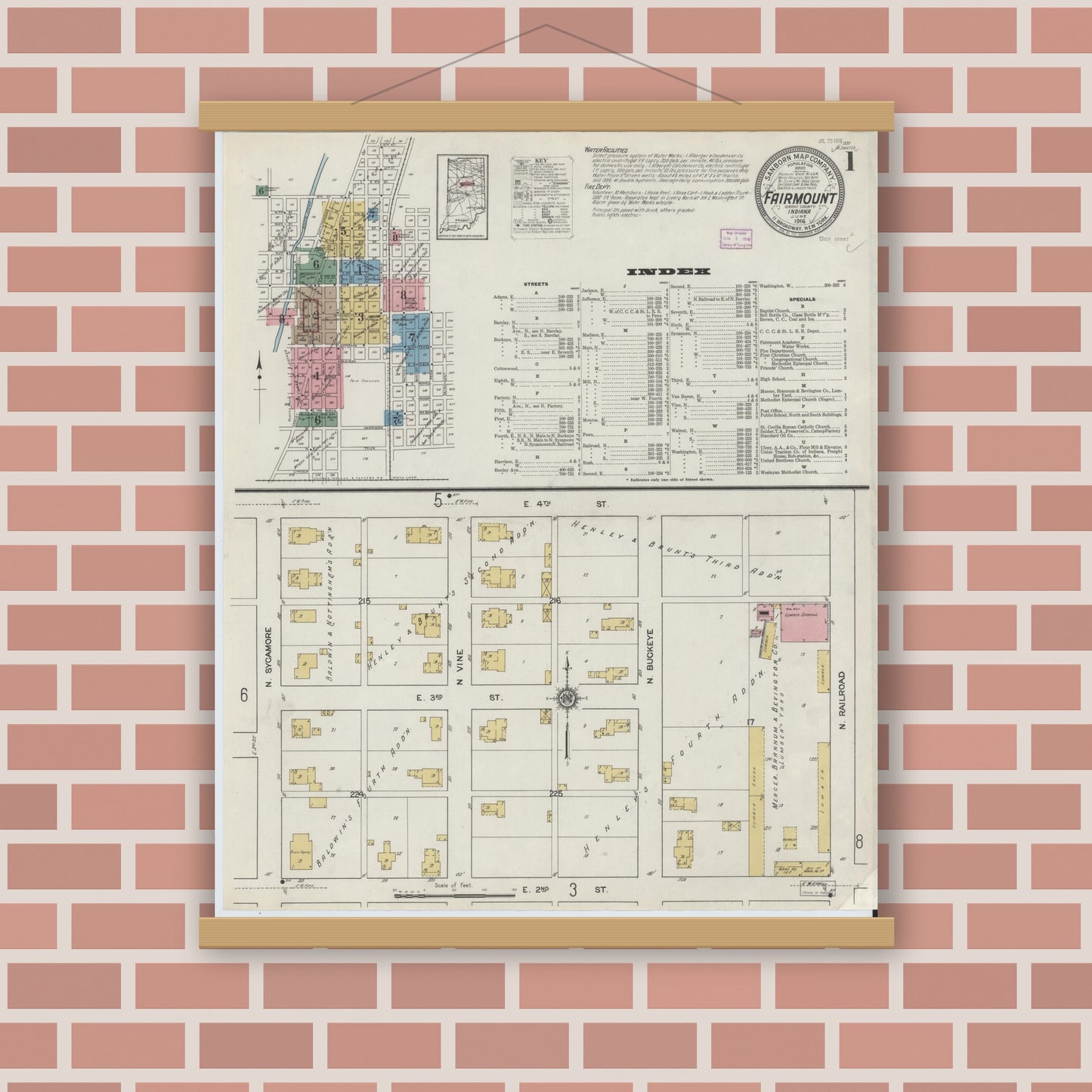 Old map wall art mockup — magnetic wood frame on brick wall — Sanborn Fire Insurance Map from Fairmount, Grant County, Indiana (1916), Sheet #0001