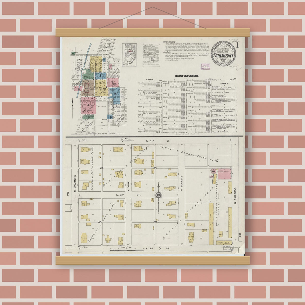 Old map wall art mockup — magnetic wood frame on brick wall — Sanborn Fire Insurance Map from Fairmount, Grant County, Indiana (1916), Sheet #0001
