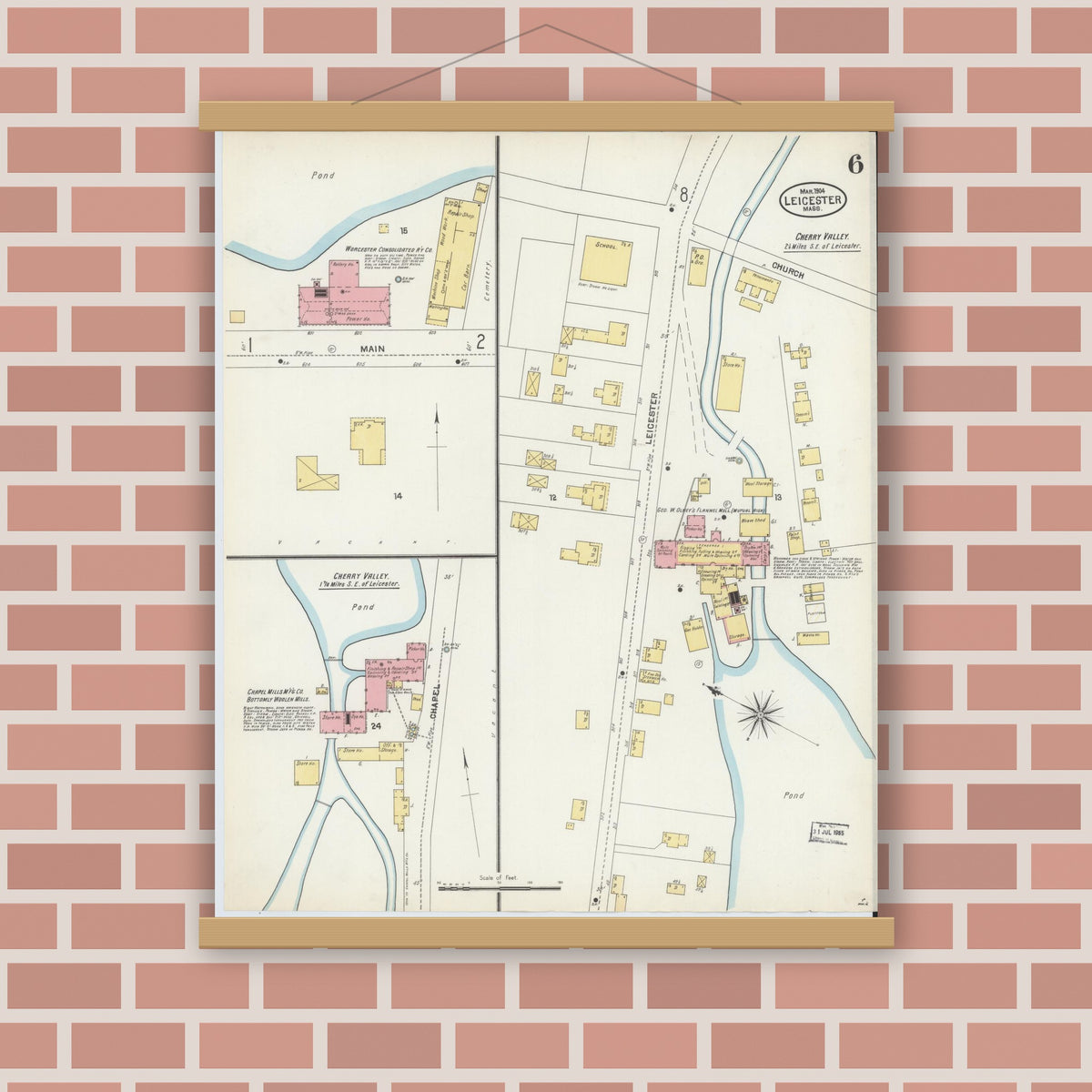 Old map wall art mockup — magnetic wood frame on brick wall — Sanborn Fire Insurance Map from Leicester, Worcester County, Massachusetts (1904), Sheet #0006