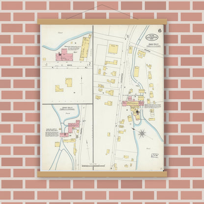 Old map wall art mockup — magnetic wood frame on brick wall — Sanborn Fire Insurance Map from Leicester, Worcester County, Massachusetts (1904), Sheet #0006