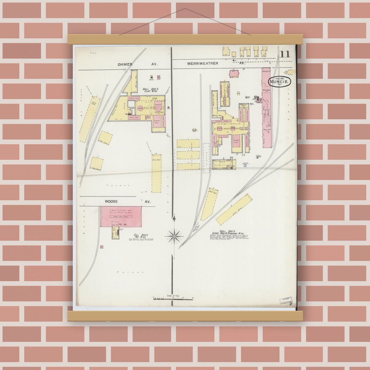 Old map wall art mockup — magnetic wood frame on brick wall — Sanborn Fire Insurance Map from Muncie, Delaware County, Indiana (1892), Sheet #0011