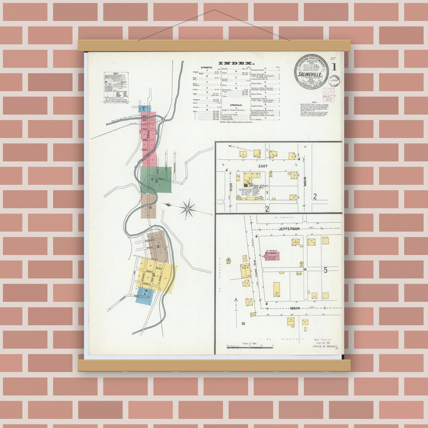 Old map wall art mockup — magnetic wood frame on brick wall — Sanborn Fire Insurance Map from Salineville, Columbiana County, Ohio (1902) - Complete Map Set