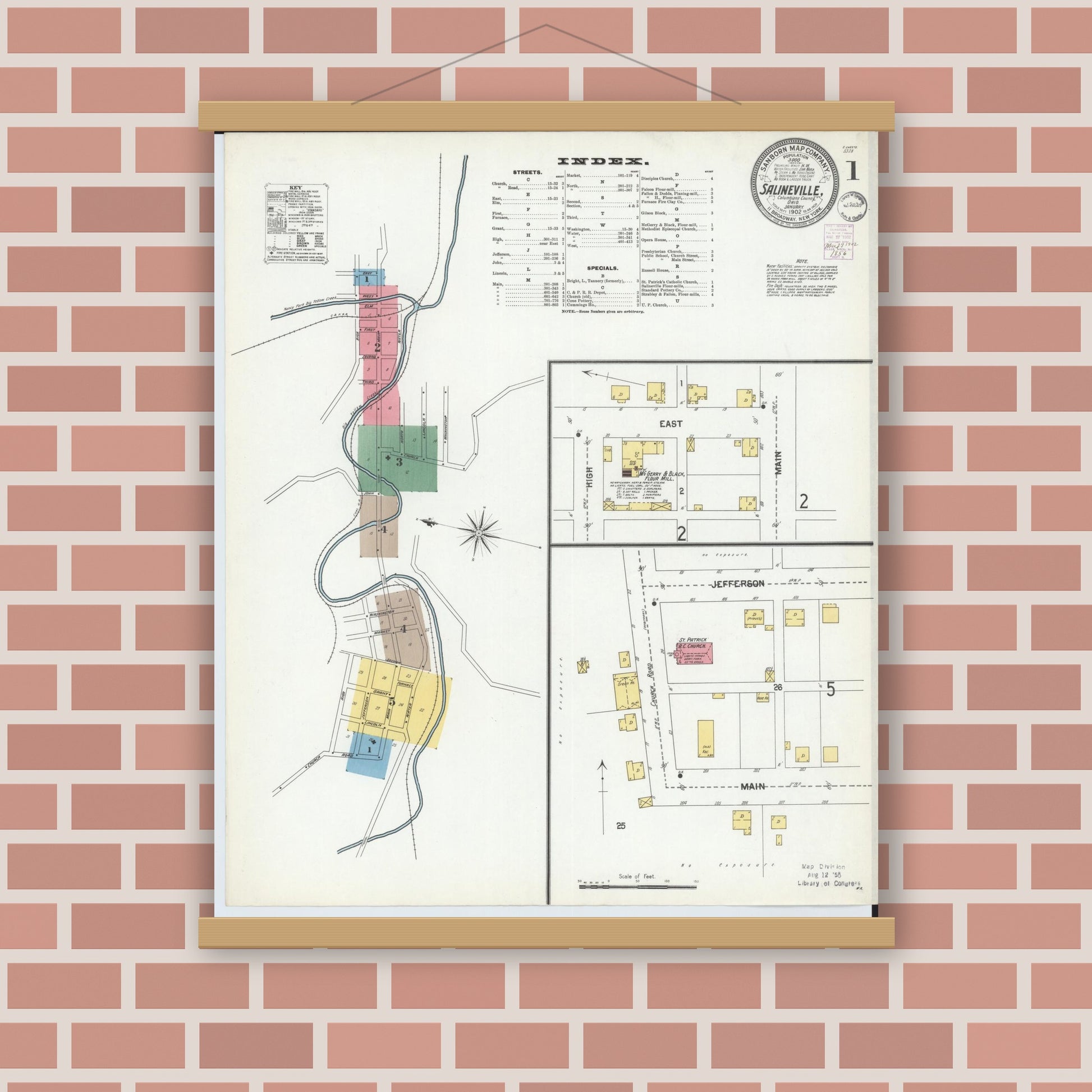 Old map wall art mockup — magnetic wood frame on brick wall — Sanborn Fire Insurance Map from Salineville, Columbiana County, Ohio (1902) - Complete Map Set