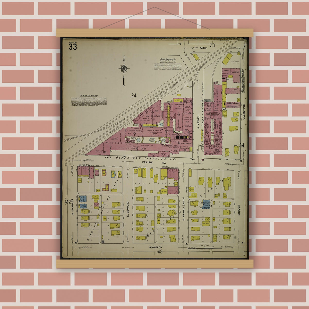 Old map wall art mockup — magnetic wood frame on brick wall — Sanborn Fire Insurance Map from Kenosha, Kenosha County, Wisconsin. (1918), Sheet 37