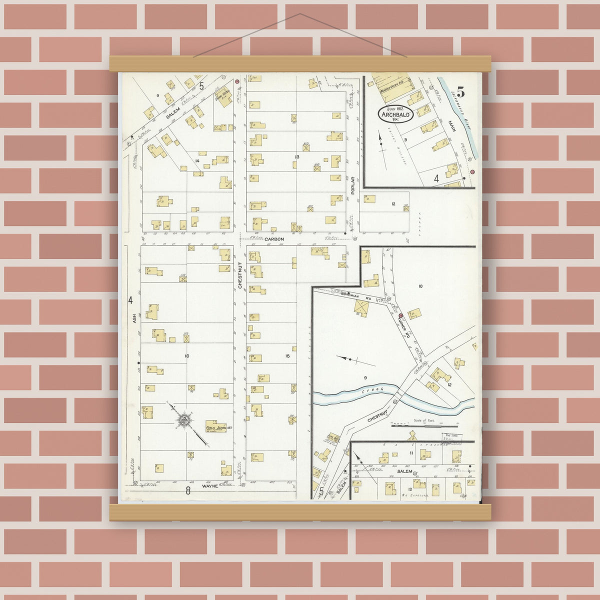 Old map wall art mockup — magnetic wood frame on brick wall — Sanborn Fire Insurance Map from Archbald, Lackawanna County, Pennsylvania (1912), Sheet #0005