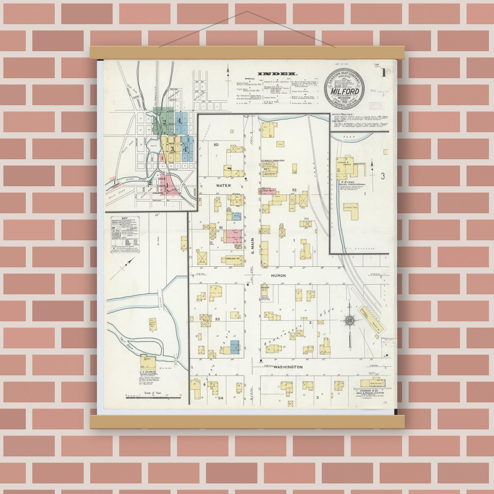 Old map wall art mockup — magnetic wood frame on brick wall — Sanborn Fire Insurance Map from Milford, Oakland County, Michigan (1910) - Complete Map Set