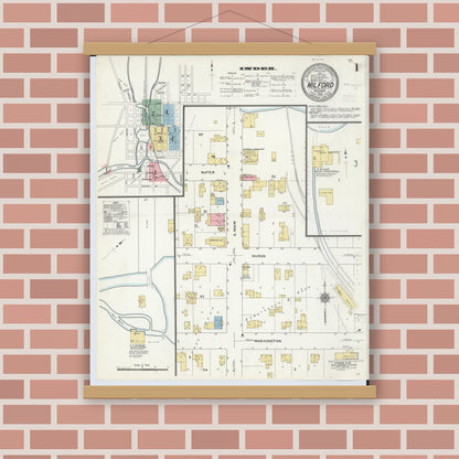 Old map wall art mockup — magnetic wood frame on brick wall — Sanborn Fire Insurance Map from Milford, Oakland County, Michigan (1910) - Complete Map Set