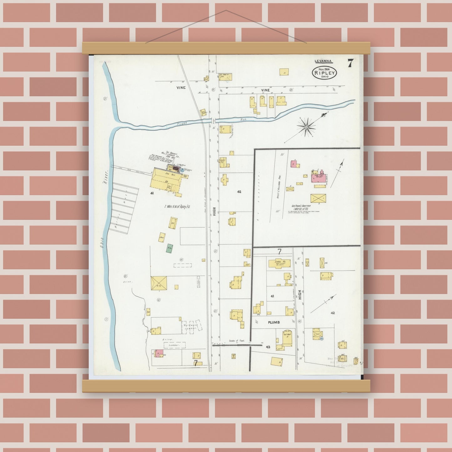 Old map wall art mockup — magnetic wood frame on brick wall — Sanborn Fire Insurance Map from Ripley, Brown County, Ohio (1904), Sheet #0007