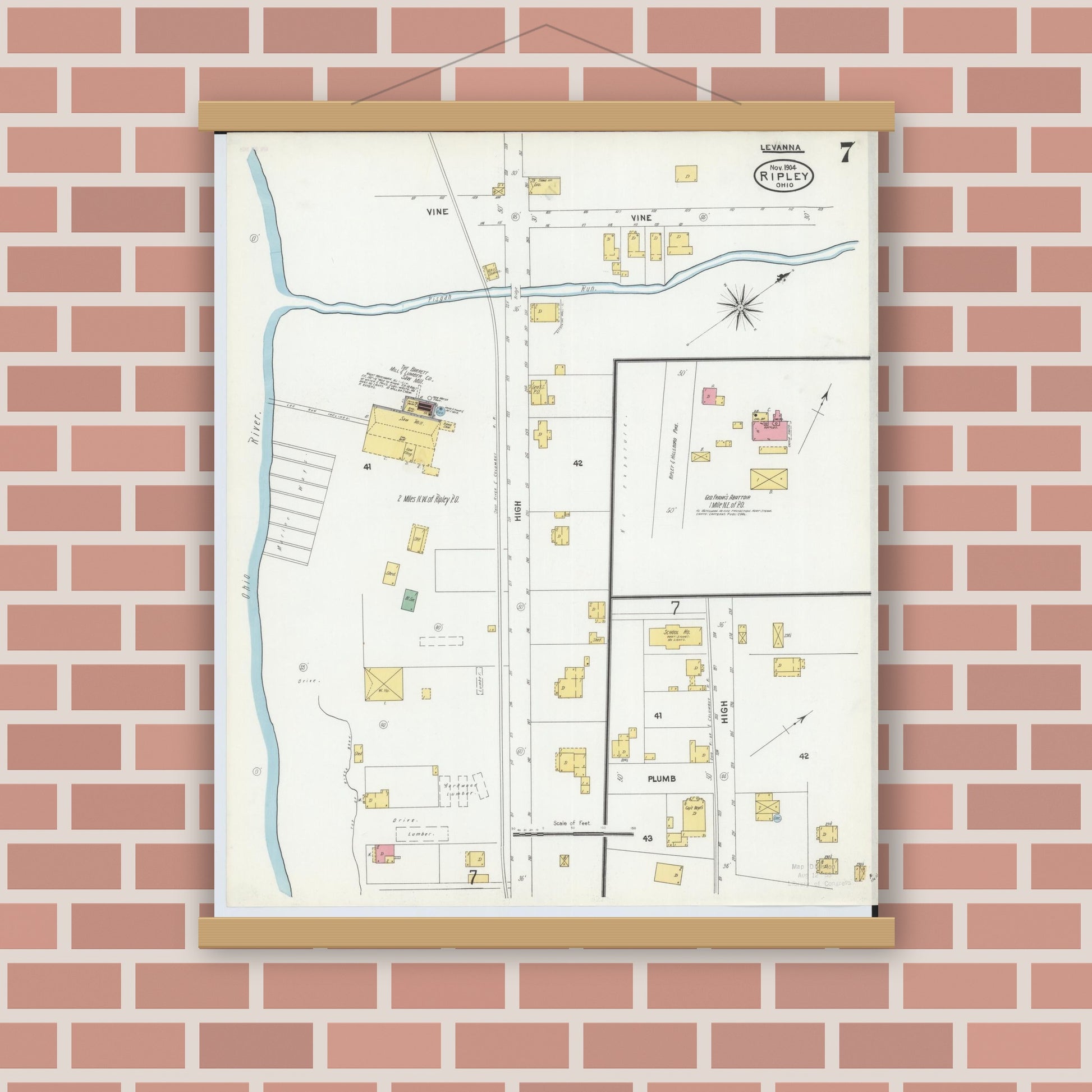 Old map wall art mockup — magnetic wood frame on brick wall — Sanborn Fire Insurance Map from Ripley, Brown County, Ohio (1904), Sheet #0007
