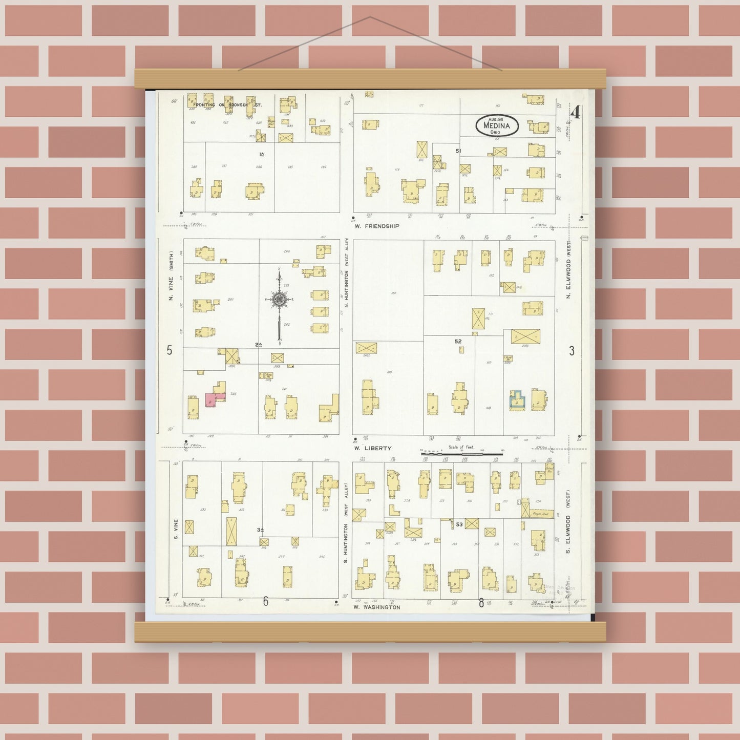 Old map wall art mockup — magnetic wood frame on brick wall — Sanborn Fire Insurance Map from Medina, Medina County, Ohio (1911), Sheet #0004