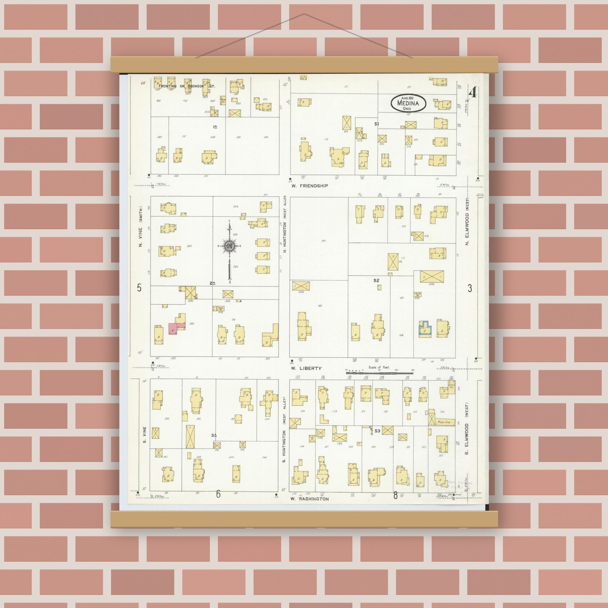 Old map wall art mockup — magnetic wood frame on brick wall — Sanborn Fire Insurance Map from Medina, Medina County, Ohio (1911), Sheet #0004