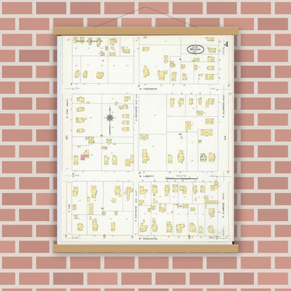 Old map wall art mockup — magnetic wood frame on brick wall — Sanborn Fire Insurance Map from Medina, Medina County, Ohio (1911), Sheet #0004