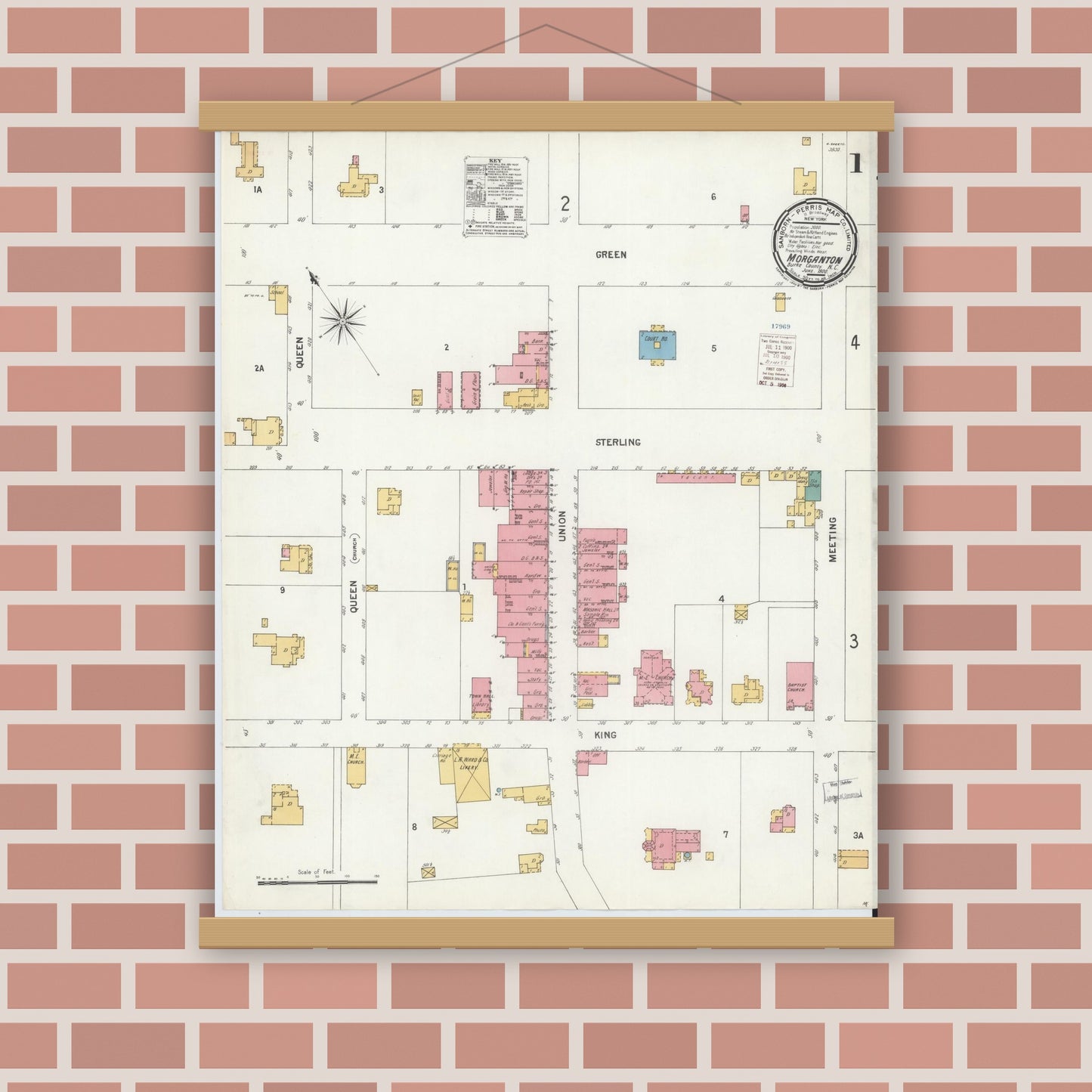 Old map wall art mockup — magnetic wood frame on brick wall — Sanborn Fire Insurance Map from Morganton, Burke County, North Carolina (1900) - Complete Map Set