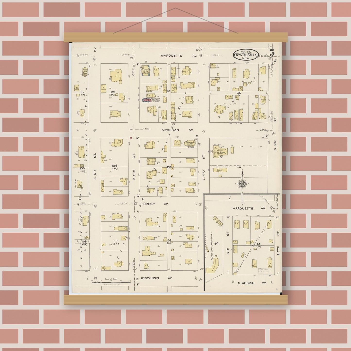 Old map wall art mockup — magnetic wood frame on brick wall — Sanborn Fire Insurance Map from Crystal Falls, Iron County, Michigan (1922), Sheet #0005