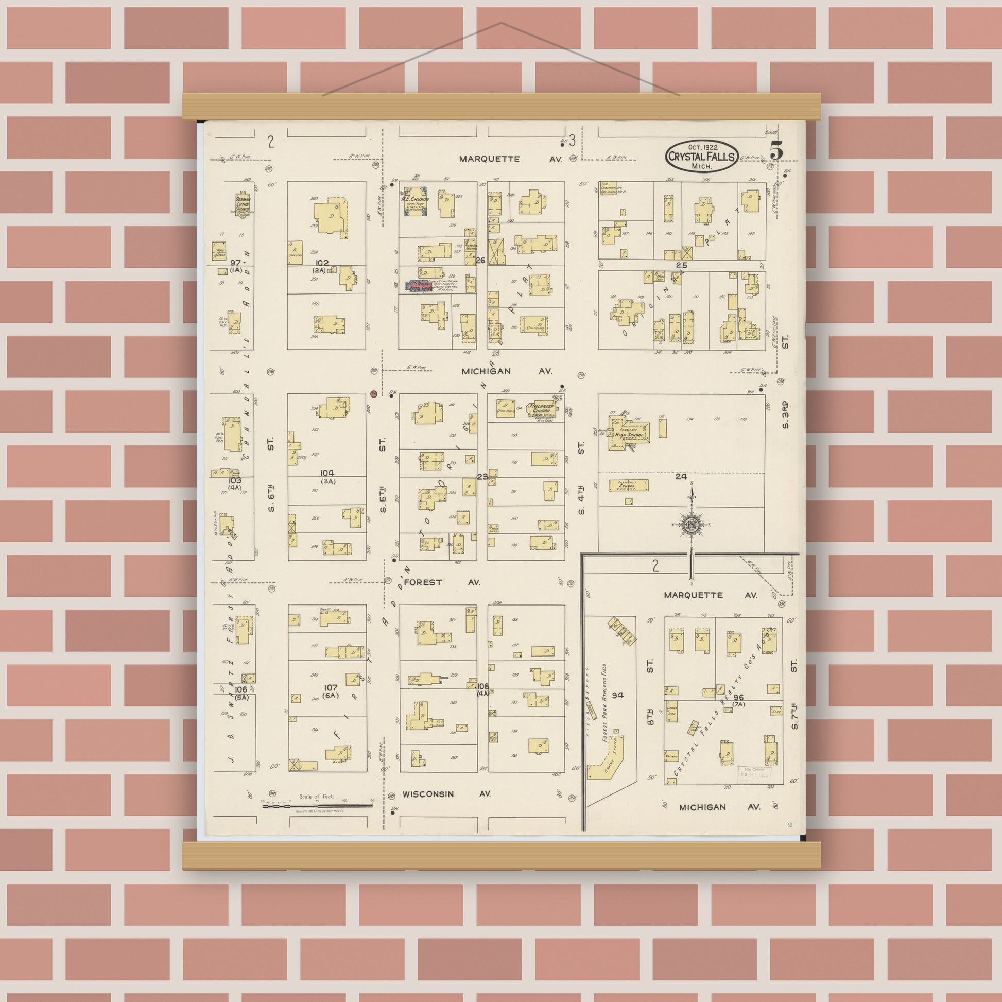 Old map wall art mockup — magnetic wood frame on brick wall — Sanborn Fire Insurance Map from Crystal Falls, Iron County, Michigan (1922), Sheet #0005