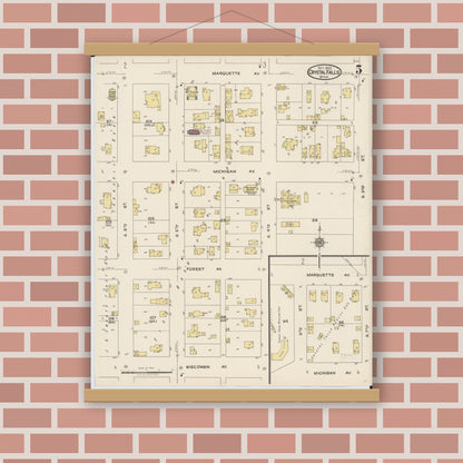 Old map wall art mockup — magnetic wood frame on brick wall — Sanborn Fire Insurance Map from Crystal Falls, Iron County, Michigan (1922), Sheet #0005