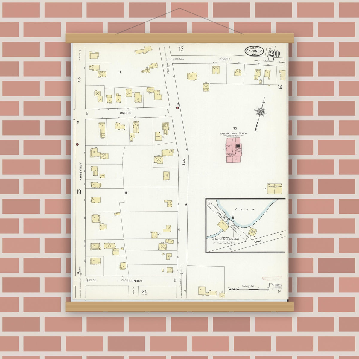 Old map wall art mockup — magnetic wood frame on brick wall — Sanborn Fire Insurance Map from Gardner, Worcester County, Massachusetts (1914), Sheet #0020