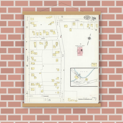 Old map wall art mockup — magnetic wood frame on brick wall — Sanborn Fire Insurance Map from Gardner, Worcester County, Massachusetts (1914), Sheet #0020