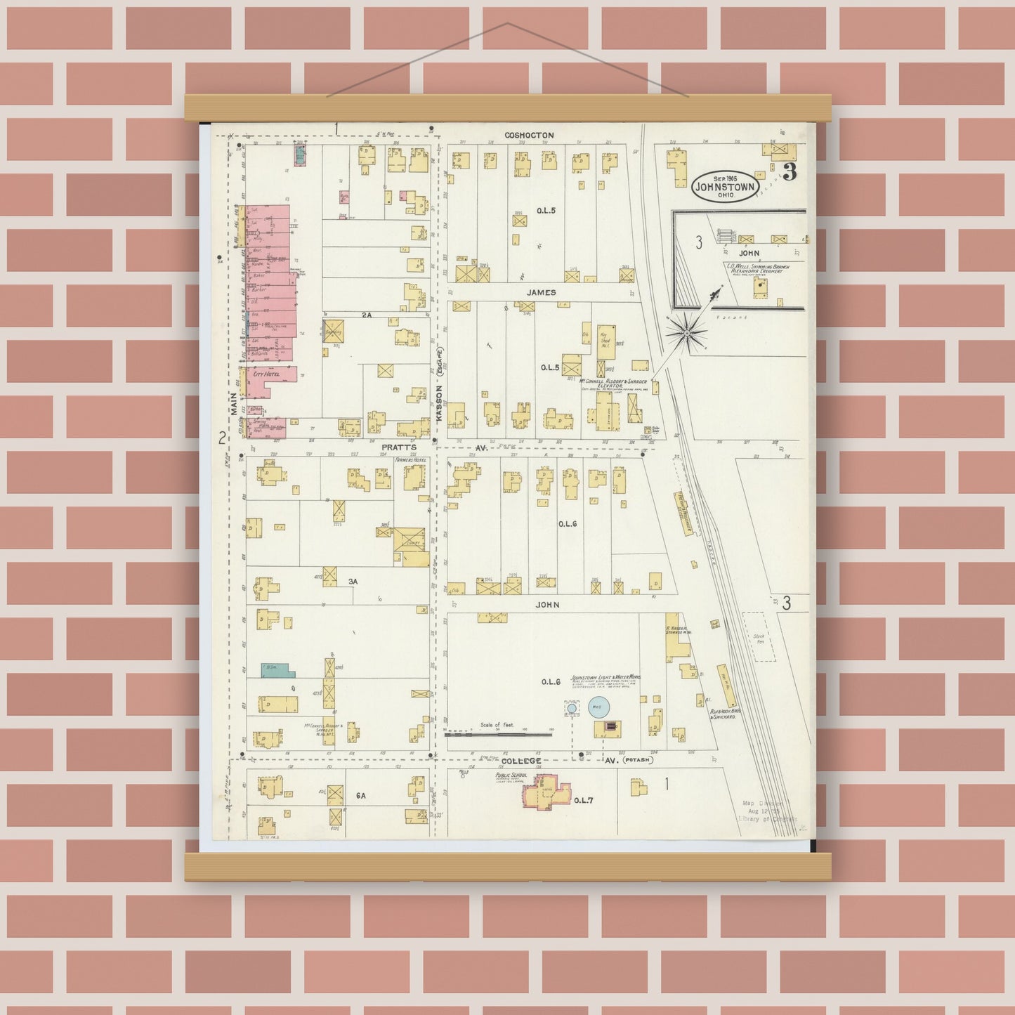 Old map wall art mockup — magnetic wood frame on brick wall — Sanborn Fire Insurance Map from Johnstown, Licking County, Ohio (1905), Sheet #0003