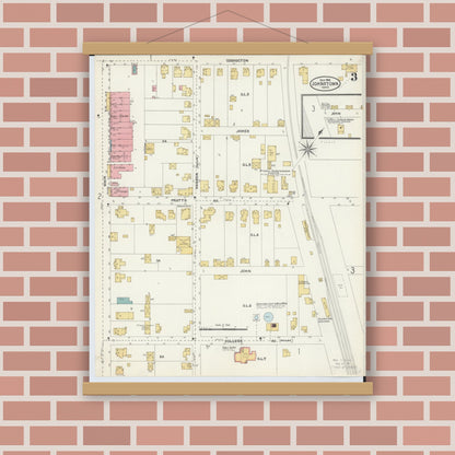 Old map wall art mockup — magnetic wood frame on brick wall — Sanborn Fire Insurance Map from Johnstown, Licking County, Ohio (1905), Sheet #0003