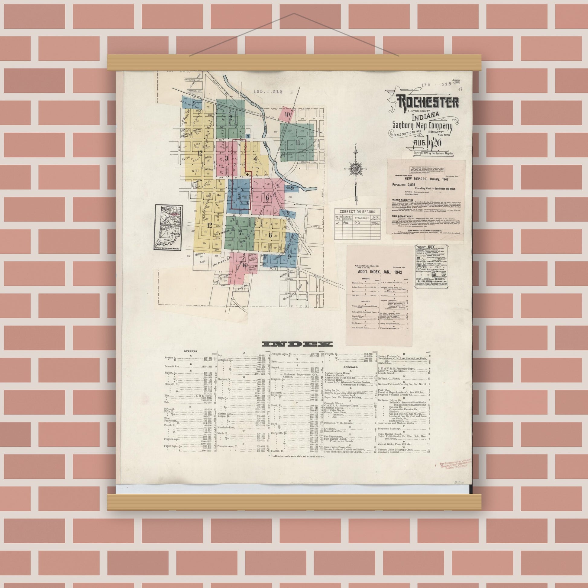 Old map wall art mockup — magnetic wood frame on brick wall — Sanborn Fire Insurance Map from Rochester, Fulton County, Indiana (1942) - Complete Map Set
