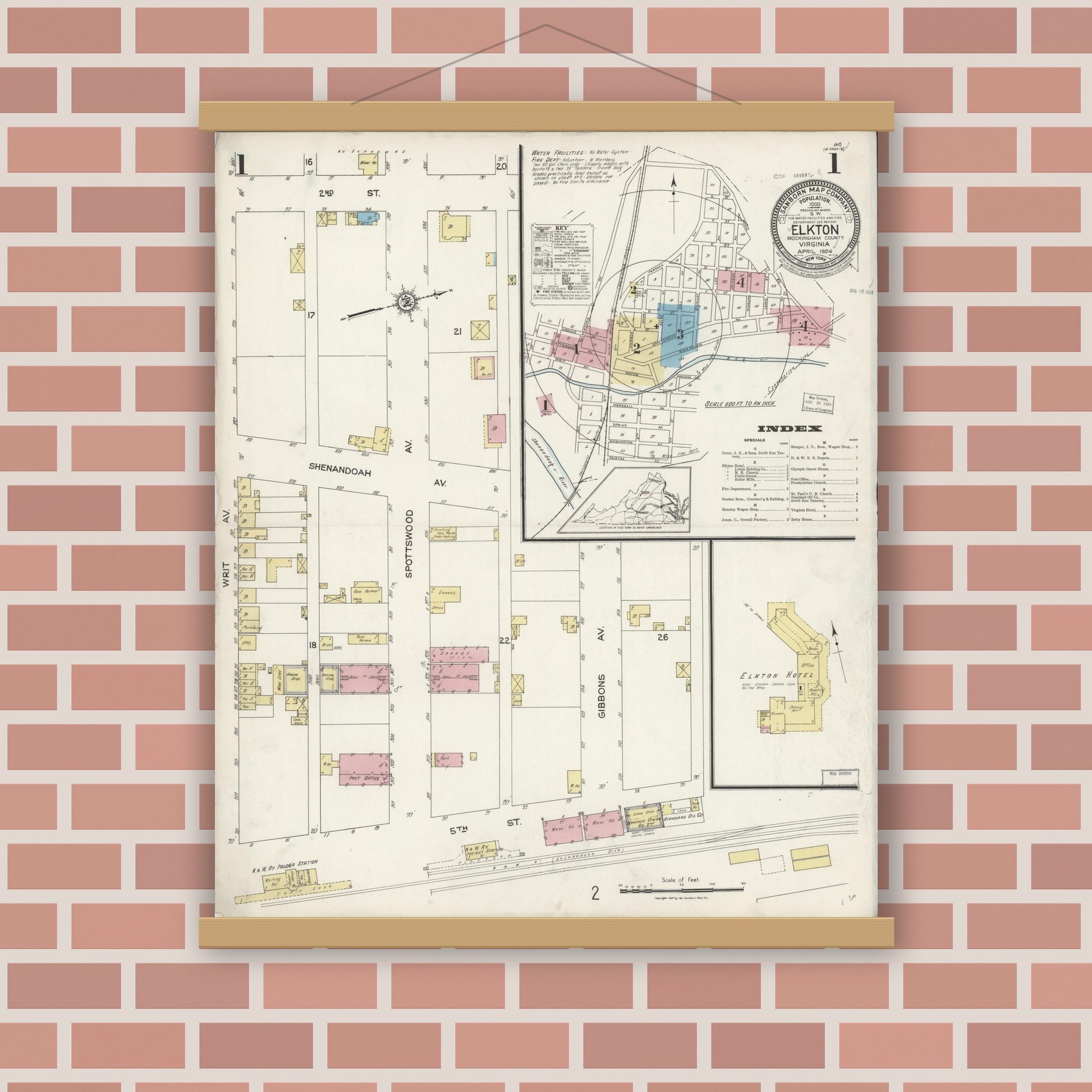 Old map wall art mockup — magnetic wood frame on brick wall — Sanborn Fire Insurance Map from Elkton, Rockingham County, Virginia (1924), Sheet #0001