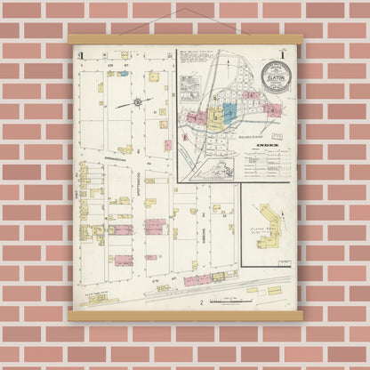 Old map wall art mockup — magnetic wood frame on brick wall — Sanborn Fire Insurance Map from Elkton, Rockingham County, Virginia (1924), Sheet #0001