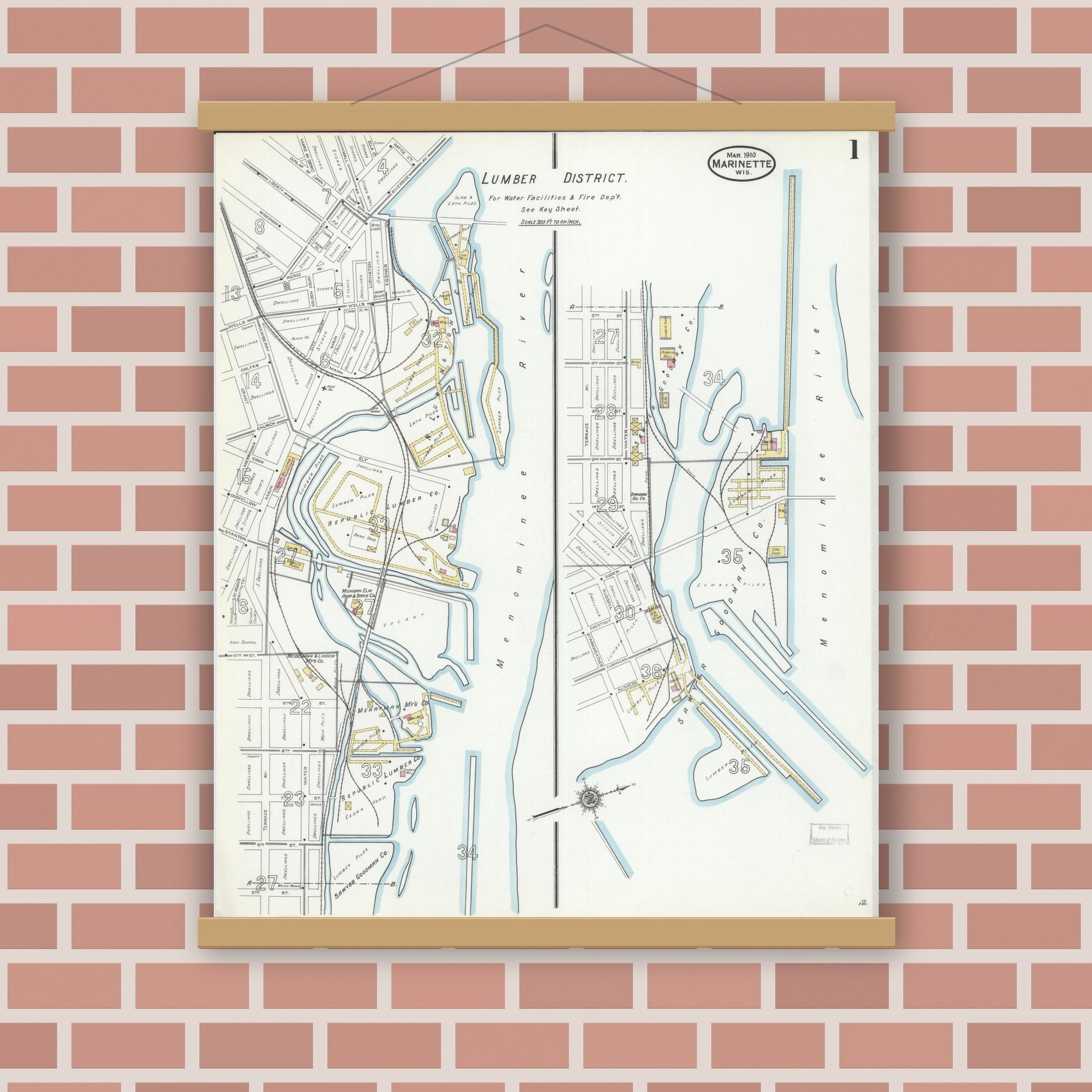Old map wall art mockup — magnetic wood frame on brick wall — Sanborn Fire Insurance Map from Marinette, Marinette County, Wisconsin (1910) - Complete Map Set