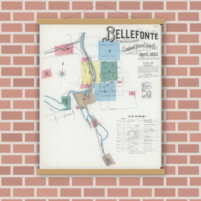 Old map wall art mockup — magnetic wood frame on brick wall — Sanborn Fire Insurance Map from Bellefonte, Centre County, Pennsylvania (1892), Sheet #0001