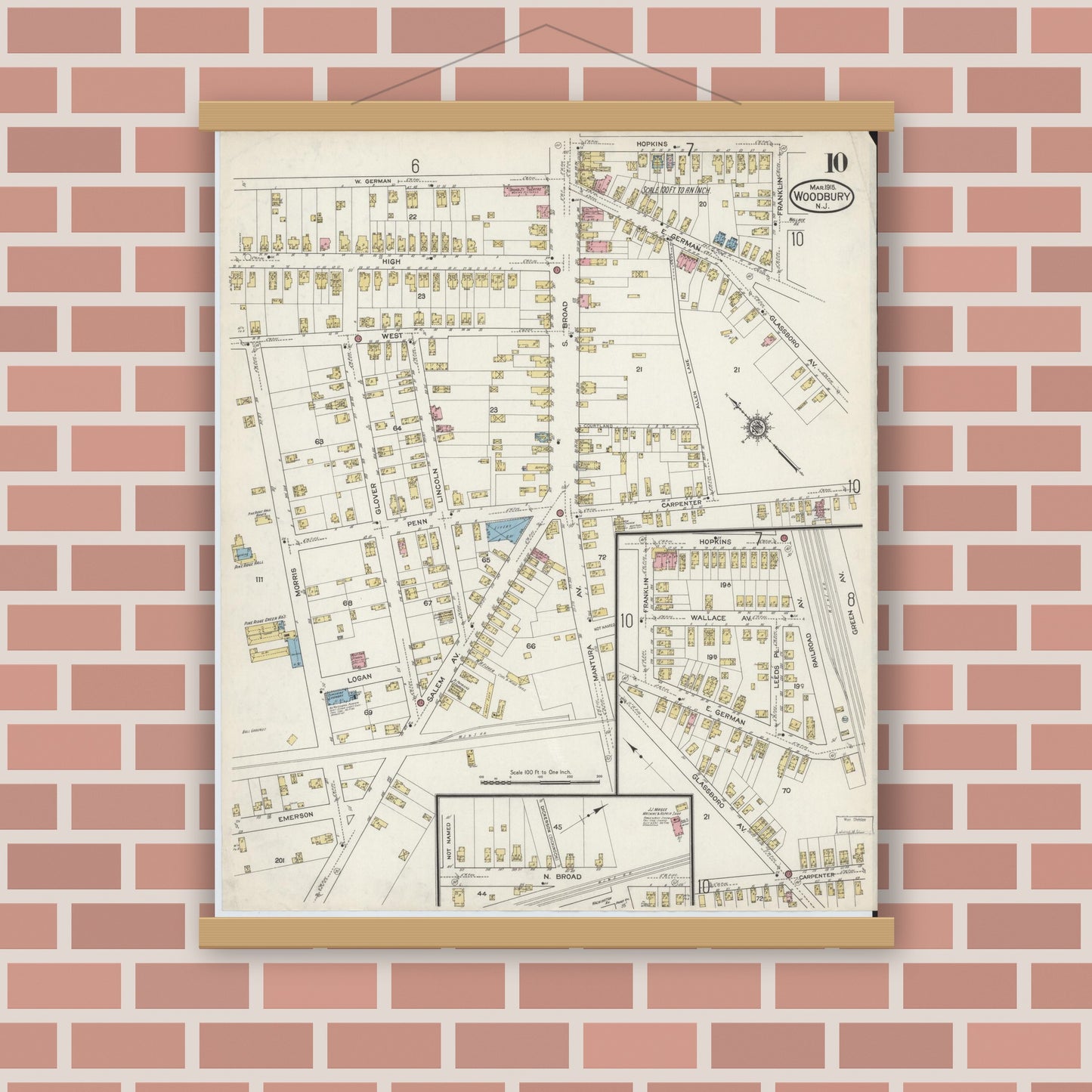 Old map wall art mockup — magnetic wood frame on brick wall — Sanborn Fire Insurance Map from Woodbury, Gloucester County, New Jersey (1915), Sheet #0010
