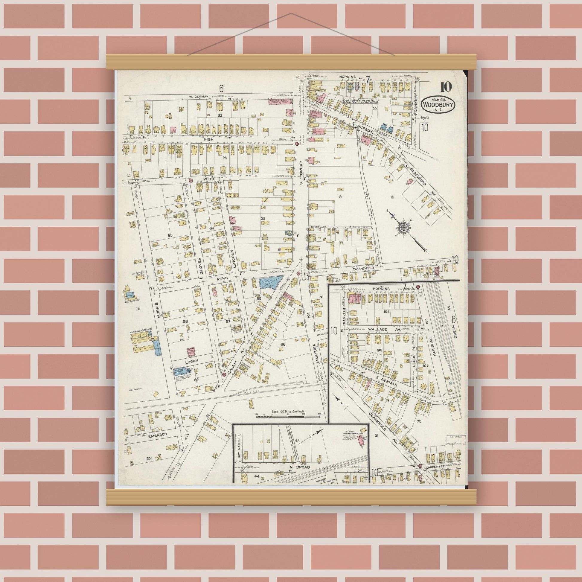 Old map wall art mockup — magnetic wood frame on brick wall — Sanborn Fire Insurance Map from Woodbury, Gloucester County, New Jersey (1915), Sheet #0010