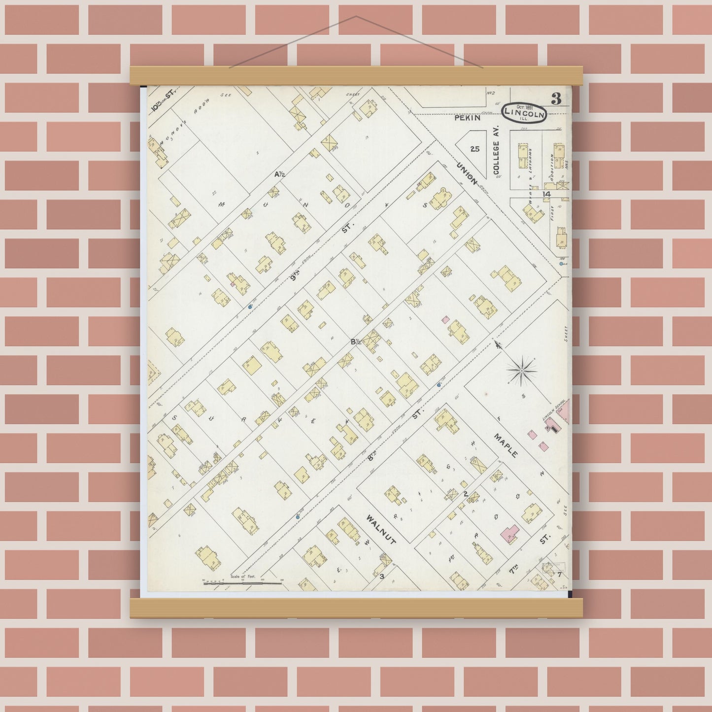 Old map wall art mockup — magnetic wood frame on brick wall — Sanborn Fire Insurance Map from Lincoln, Logan County, Illinois (1891), Sheet #0003