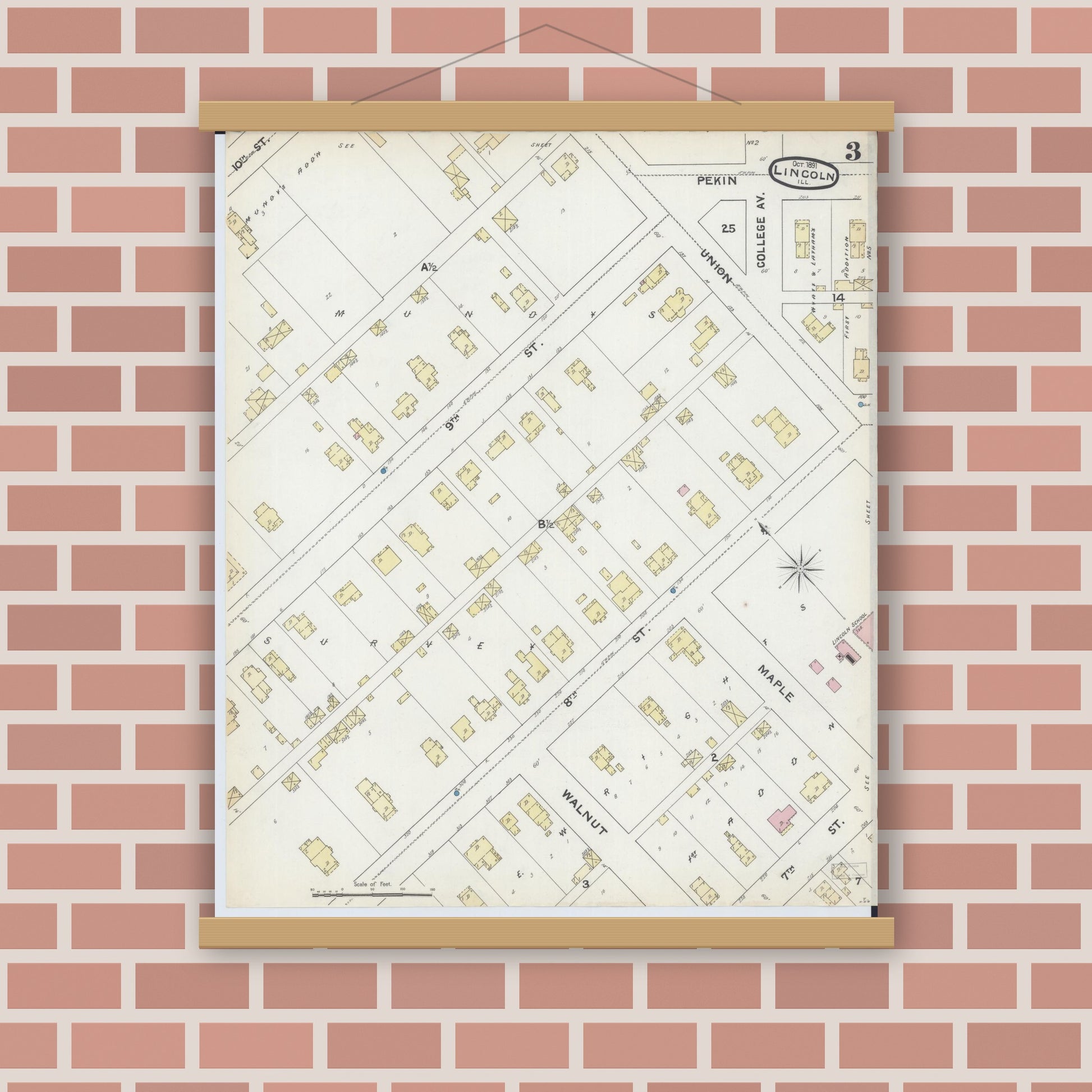 Old map wall art mockup — magnetic wood frame on brick wall — Sanborn Fire Insurance Map from Lincoln, Logan County, Illinois (1891), Sheet #0003