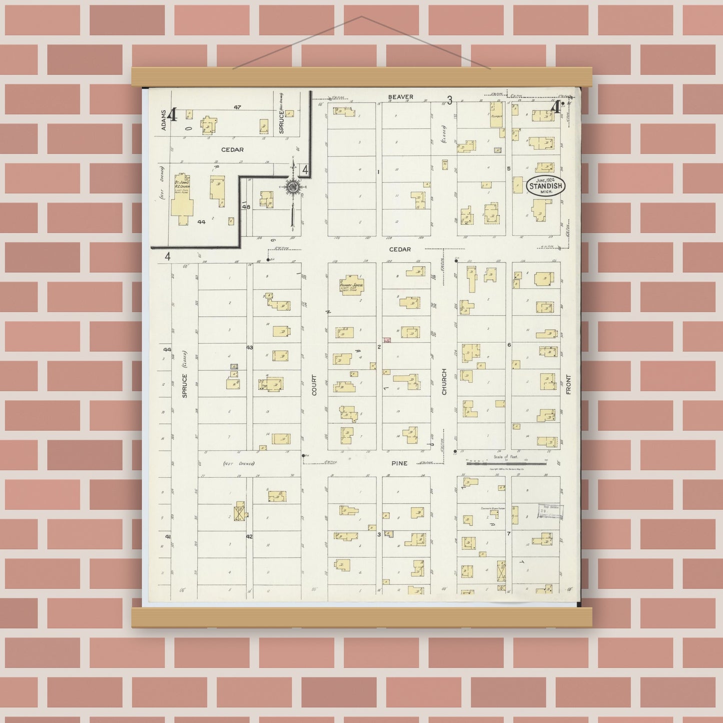 Old map wall art mockup — magnetic wood frame on brick wall — Sanborn Fire Insurance Map from Standish, Arenac County, Michigan (1924), Sheet #0004