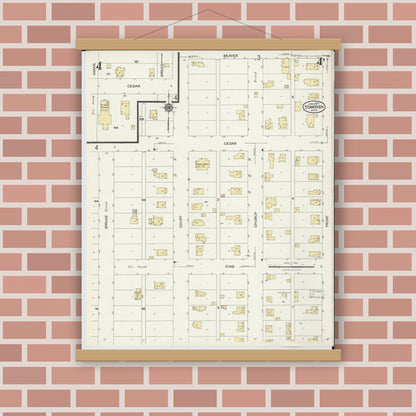 Old map wall art mockup — magnetic wood frame on brick wall — Sanborn Fire Insurance Map from Standish, Arenac County, Michigan (1924), Sheet #0004