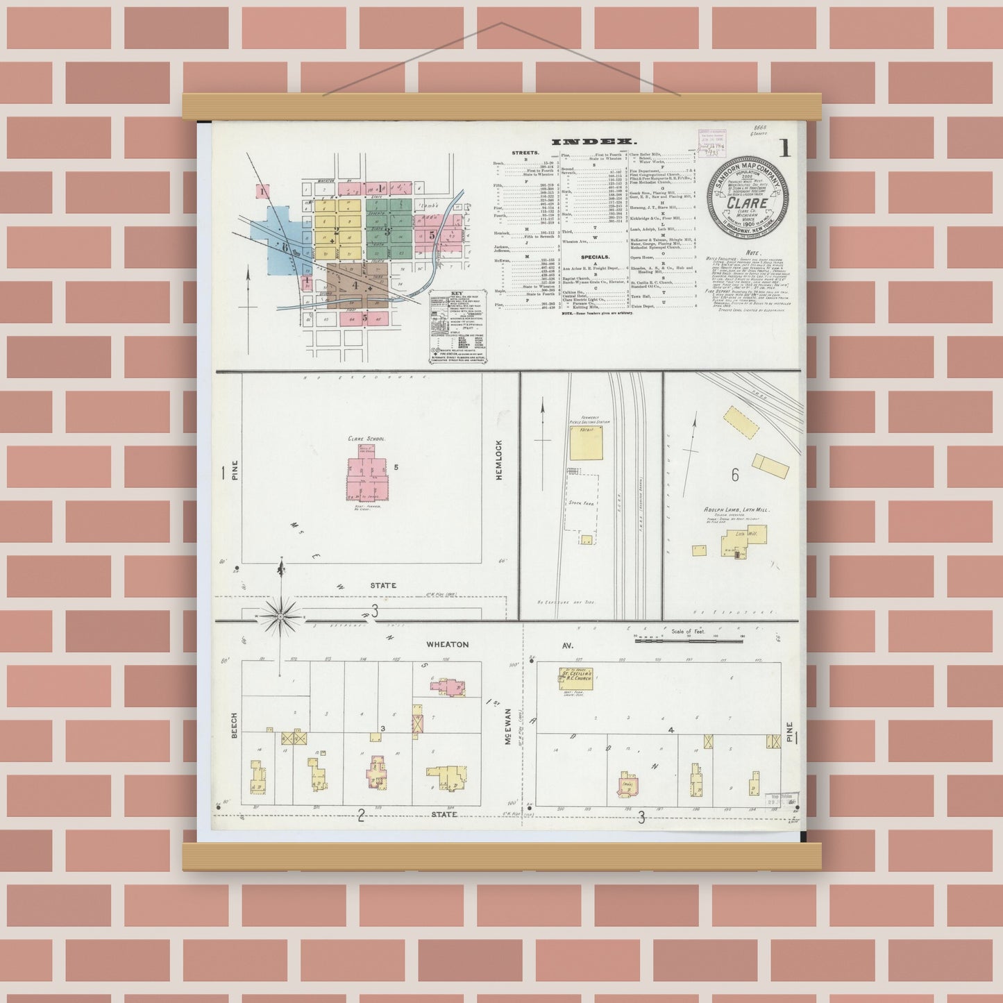 Old map wall art mockup — magnetic wood frame on brick wall — Sanborn Fire Insurance Map from Clare, Clare County, Michigan (1906), Sheet #0001