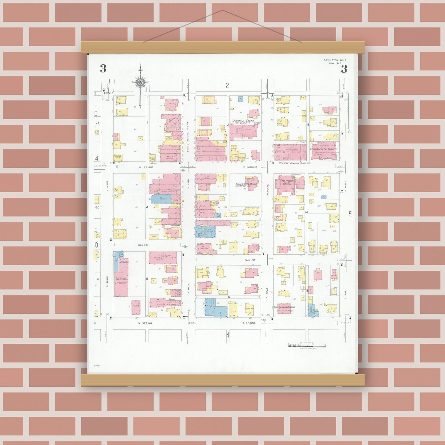 Old map wall art mockup — magnetic wood frame on brick wall — Sanborn Fire Insurance Map from Covington, Miami County, Ohio (1946), Sheet #0003