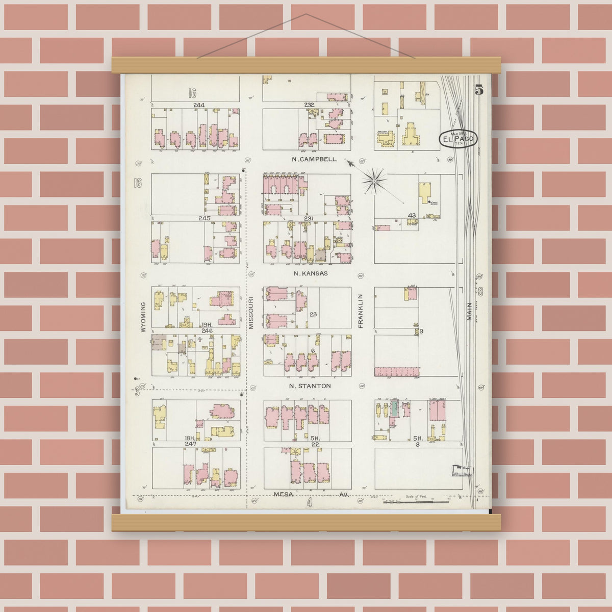 Old map wall art mockup — magnetic wood frame on brick wall — Sanborn Fire Insurance Map from El Paso, El Paso County, Texas (1893), Sheet #0005