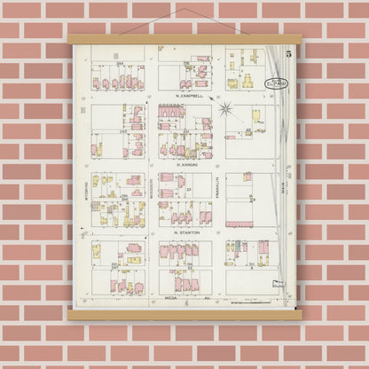 Old map wall art mockup — magnetic wood frame on brick wall — Sanborn Fire Insurance Map from El Paso, El Paso County, Texas (1893), Sheet #0005