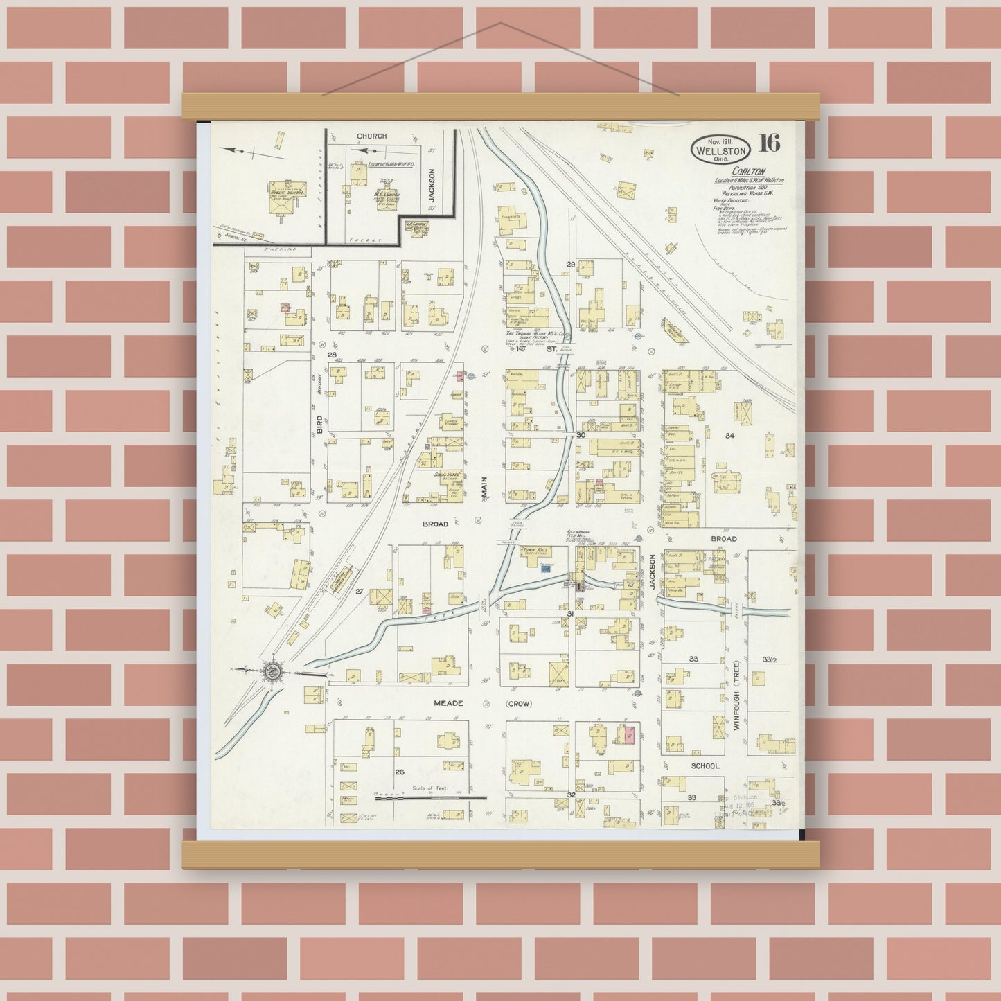 Old map wall art mockup — magnetic wood frame on brick wall — Sanborn Fire Insurance Map from Wellston, Jackson County, Ohio (1911), Sheet #0016