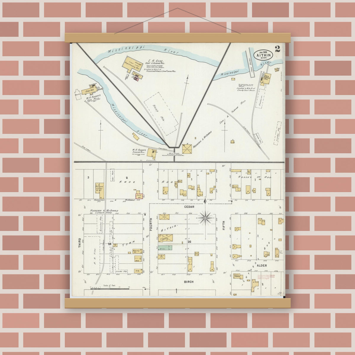 Old map wall art mockup — magnetic wood frame on brick wall — Sanborn Fire Insurance Map from Aitkin, Aitkin County, Minnesota (1898), Sheet #0002