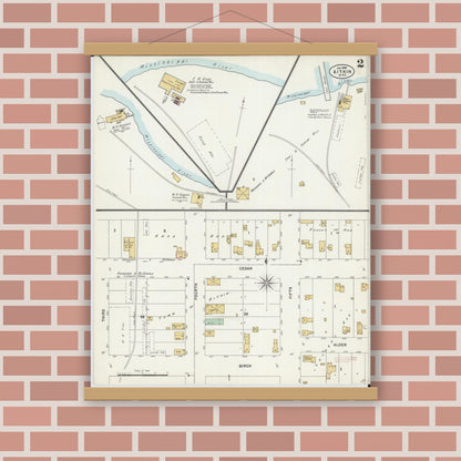 Old map wall art mockup — magnetic wood frame on brick wall — Sanborn Fire Insurance Map from Aitkin, Aitkin County, Minnesota (1898), Sheet #0002