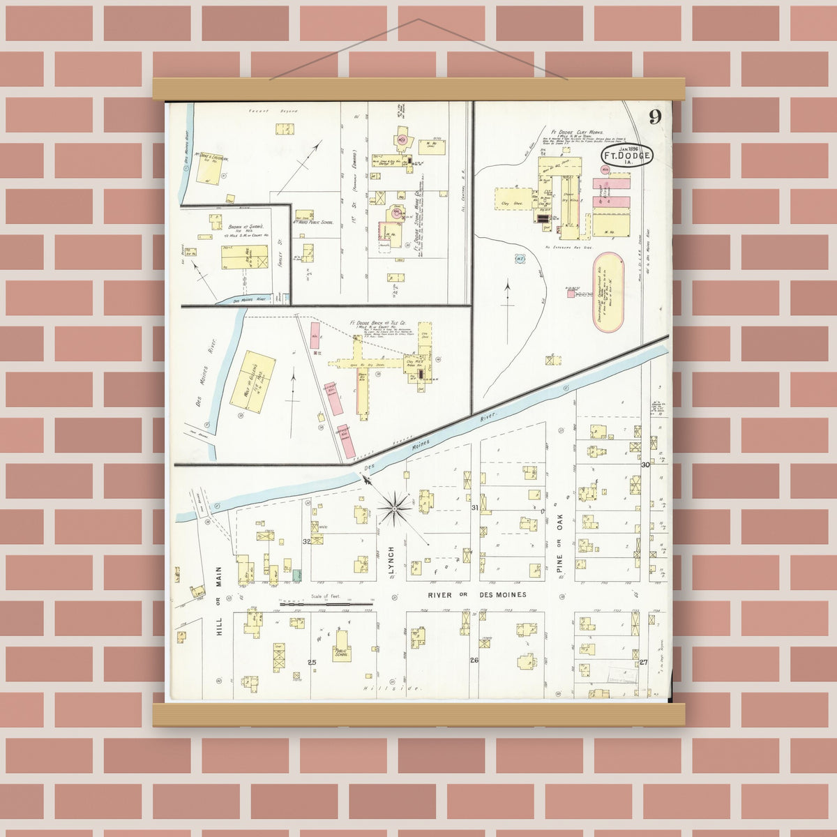 Old map wall art mockup — magnetic wood frame on brick wall — Sanborn Fire Insurance Map from Fort Dodge, Webster County, Iowa (1896), Sheet #0009