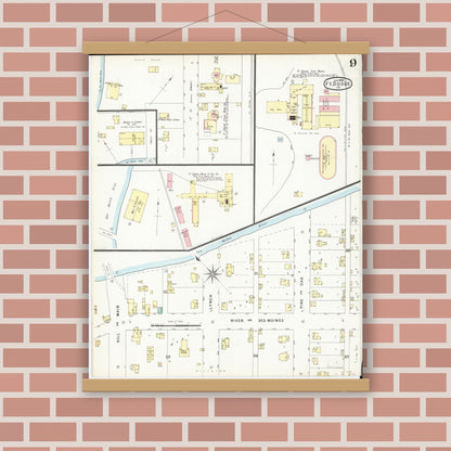 Old map wall art mockup — magnetic wood frame on brick wall — Sanborn Fire Insurance Map from Fort Dodge, Webster County, Iowa (1896), Sheet #0009