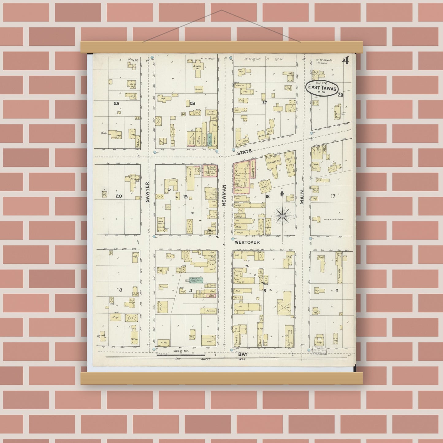 Old map wall art mockup — magnetic wood frame on brick wall — Sanborn Fire Insurance Map from East Tawas, Iosco County, Michigan (1890), Sheet #0004