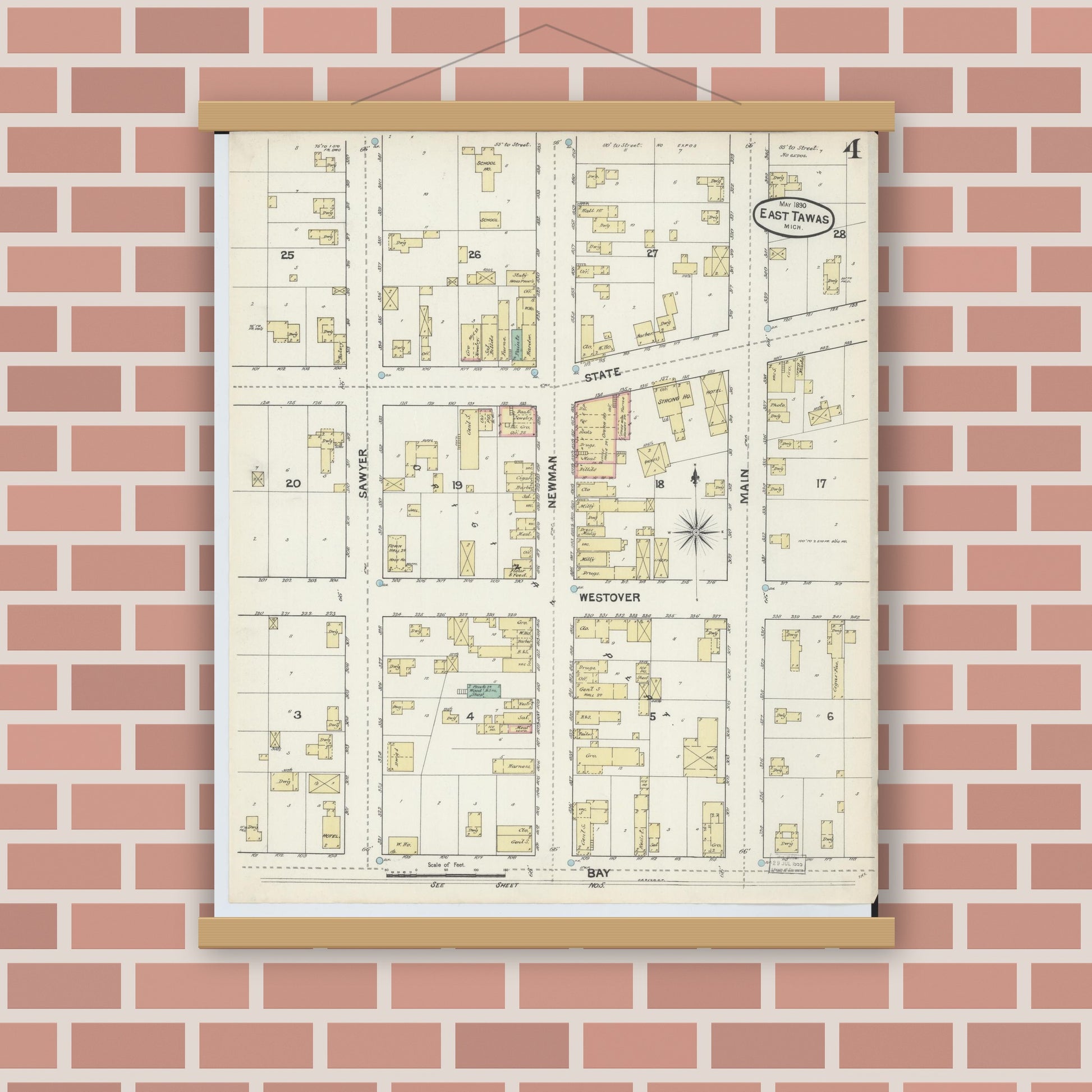 Old map wall art mockup — magnetic wood frame on brick wall — Sanborn Fire Insurance Map from East Tawas, Iosco County, Michigan (1890), Sheet #0004