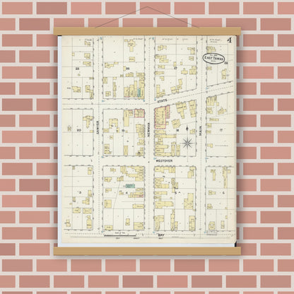 Old map wall art mockup — magnetic wood frame on brick wall — Sanborn Fire Insurance Map from East Tawas, Iosco County, Michigan (1890), Sheet #0004