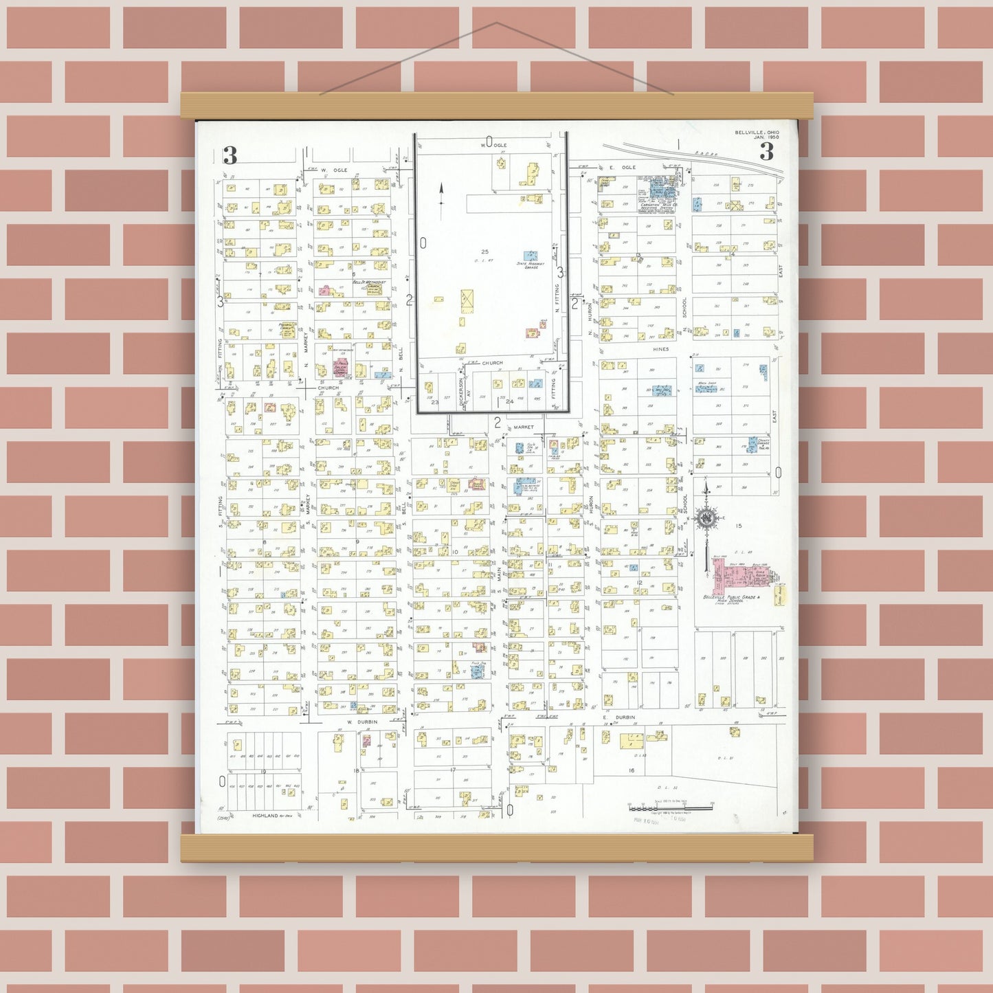 Old map wall art mockup — magnetic wood frame on brick wall — Sanborn Fire Insurance Map from Bellville, Richland County, Ohio (1950), Sheet #0003